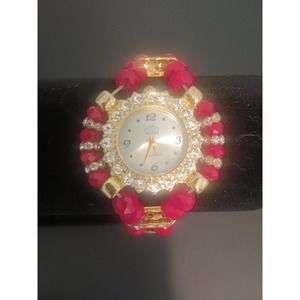 Chic Gold-Tone Bejeweled Wristwatch with Red Accents